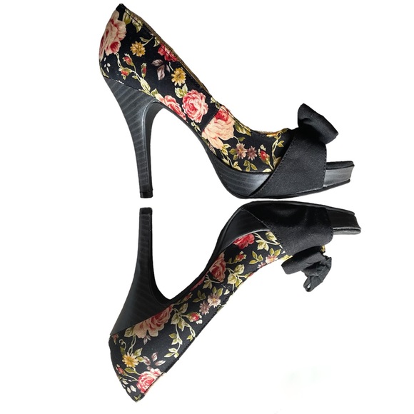 Rampage Womens 7 Black Pink Floral Print Stiletto High Heels Peep Toe Bow Shoe - Picture 12 of 13